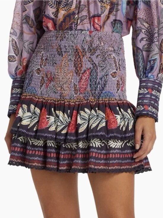 FARM Rio Dresses & Skirts - FARM RIO Wild Night Lavender Smocked Ruffled Floral Print Mini Skirt Sz L Boho